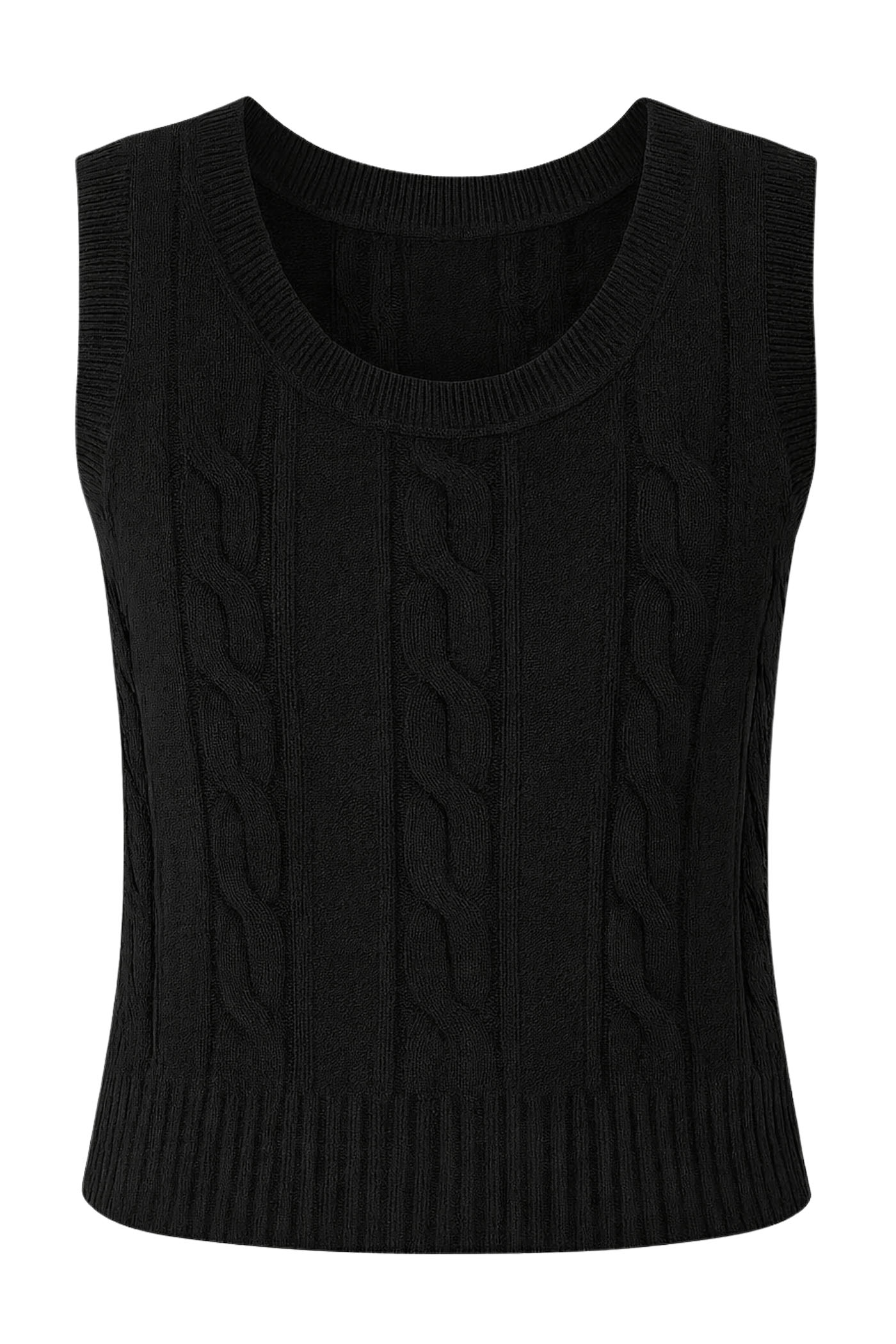 LEIGHTON SCOOP NECK CABLE KNIT SWEATER TANK VEST BLACK