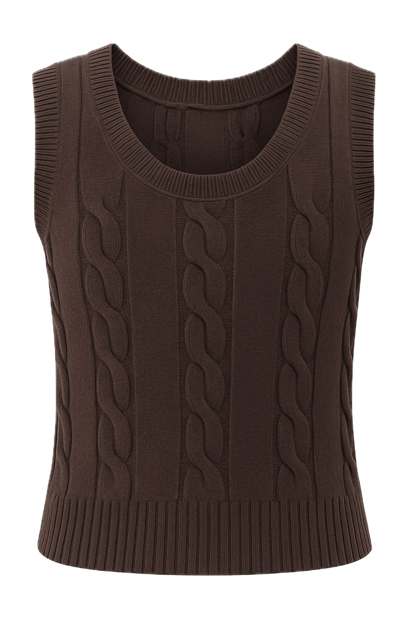 LEIGHTON SCOOP NECK CABLE KNIT SWEATER TANK VEST BROWN
