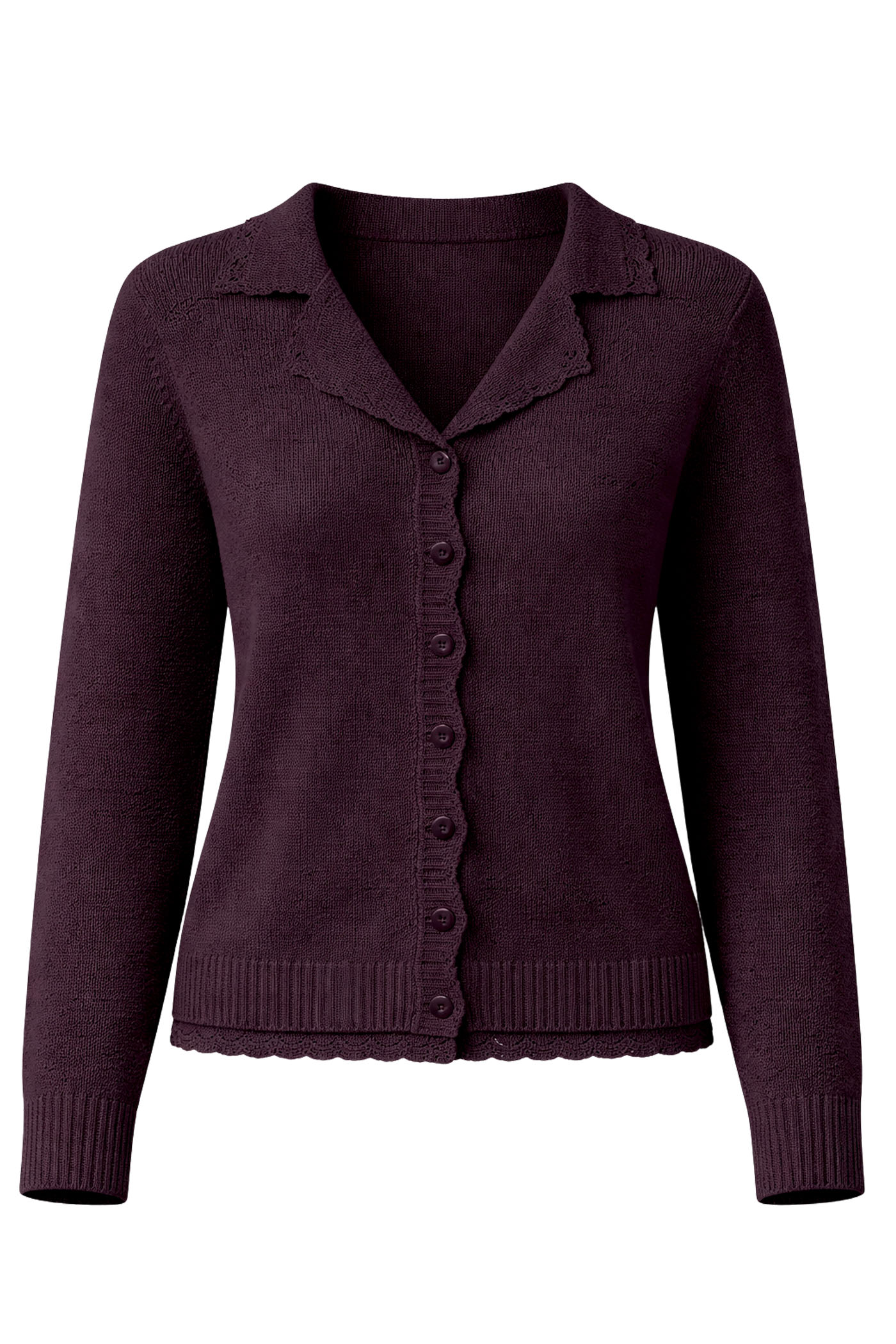 KANANI FLORAL CROCHET L/S BUTTON FRONT CARDIGAN SWEATER PURPLE