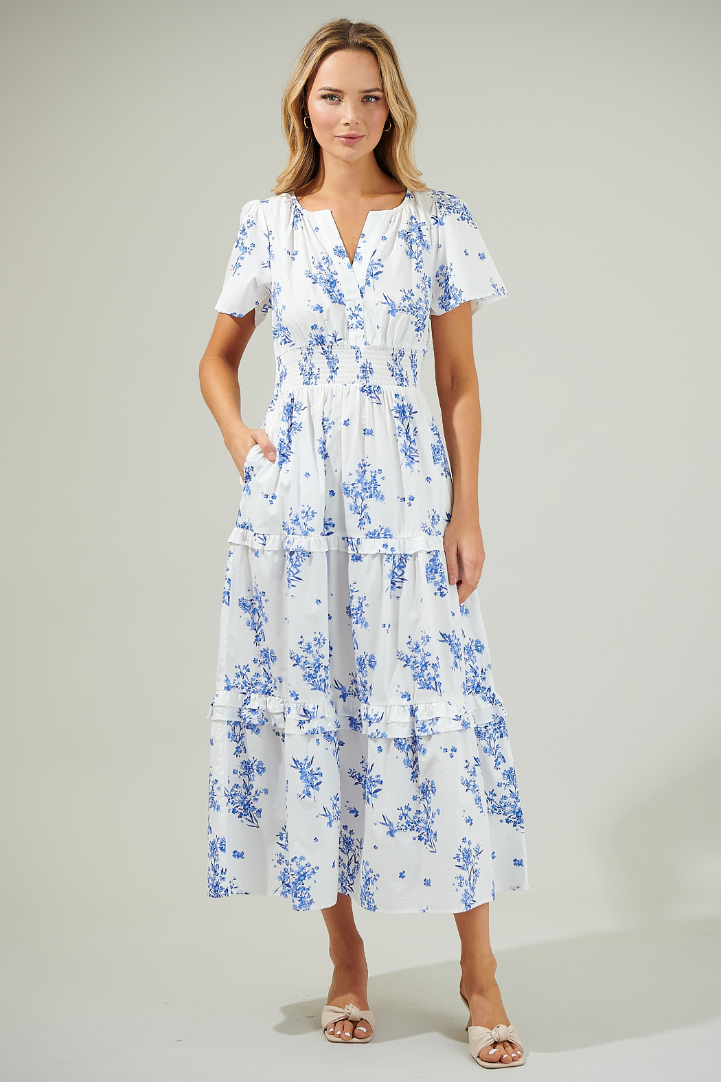 Bestia Floral Palmer Poplin Tiered Maxi Dress for wholesale by Sugarlips